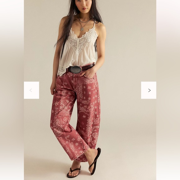 Free People Denim - Free People We The Free Good Luck Printed Barrel Jean Size 28 Rust Combo NWT